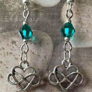 Celtic Knot Infinity and Heart with Emerald Green Crystal Beads